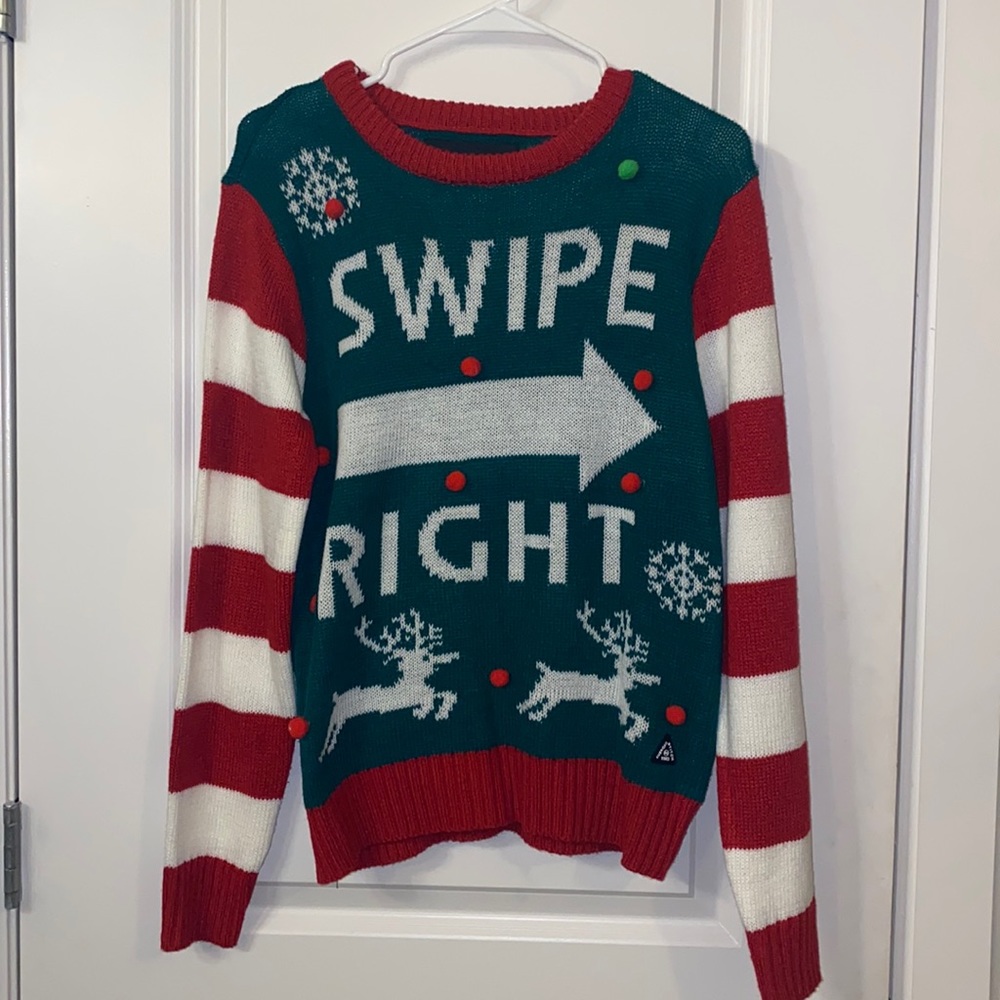 AMERICA STITCH WOMENS CHRISTMAS SWEATER “SWIPE RIGHT” (Saks Fifth Avenue)
